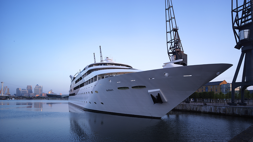 Enjoy a night on Sunborn, a 108-metre yacht moored at the Royal Victoria Dock in London